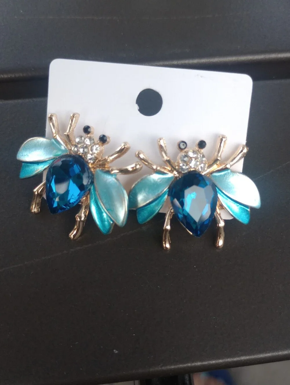 Blue Crystal Gold Tone Bee Brooch and Earring Set